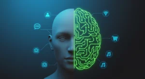 A glowing digital brain with icons of daily tasks, representing what AI models are in a simple way for beginners.